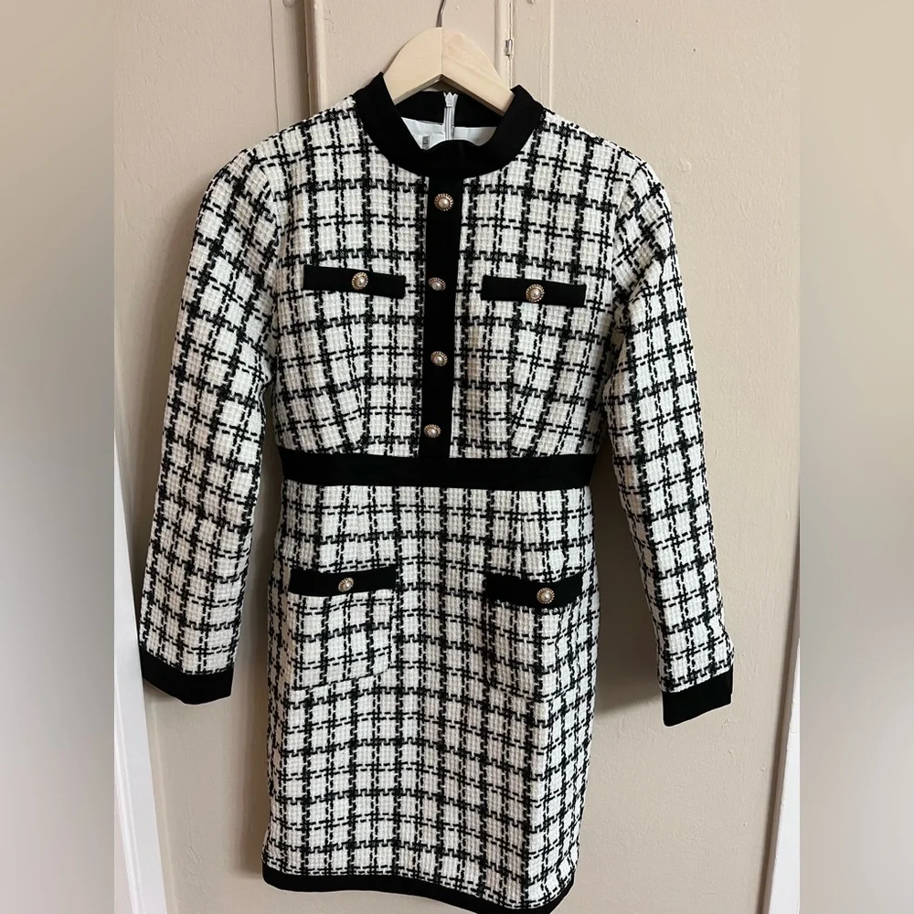blue dress for baby girl Vintage Chanel Black & White Check Soft Stretch Knit Halter Dress –  Shrimpton Couture main image 1